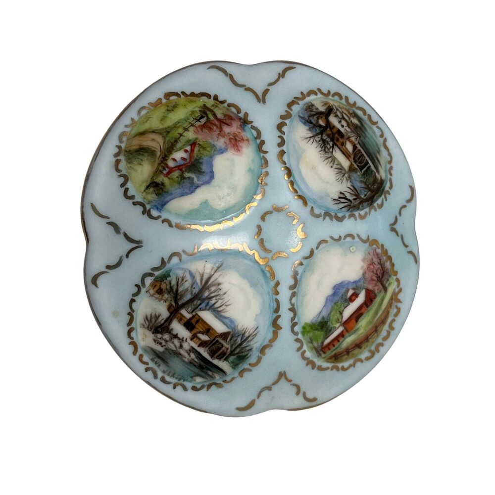 Hand Painted Trinket Box Footed Gold Embellishments Light Blue Farm Scenes vtg - Picture 7 of 10